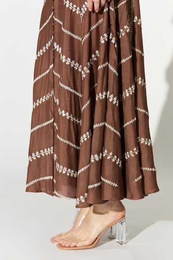 Shop_Koai_Brown Silk, Cotton, Muslin Mandarin Collar Embroidered Dress _Online_at_Aza_Fashions