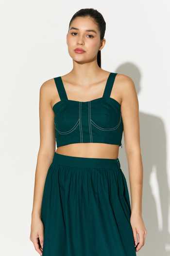 Buy_Koai_Teal Cotton, Poplin Square Neck Contrast Stitching Bustier Top _Online_at_Aza_Fashions