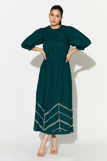 Koai_Teal Cotton, Poplin Mandarin Collar Top _Online_at_Aza_Fashions