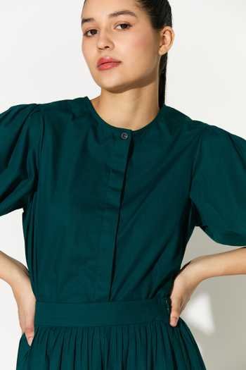 Buy_Koai_Teal Cotton, Poplin Mandarin Collar Top _Online_at_Aza_Fashions