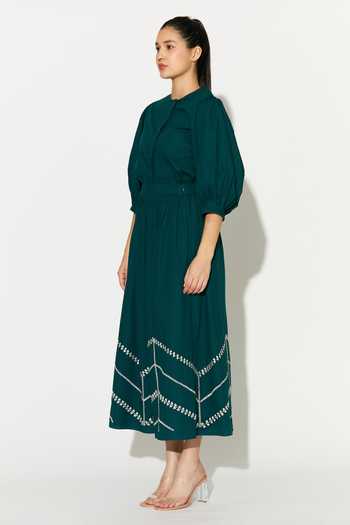 Shop_Koai_Teal Cotton, Poplin Mandarin Collar Top _Online_at_Aza_Fashions