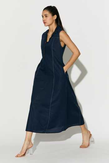 Koai_Blue Linen V-neck, Collared Midi Dress _Online_at_Aza_Fashions