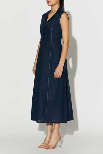 Buy_Koai_Blue Linen V-neck, Collared Midi Dress _Online_at_Aza_Fashions