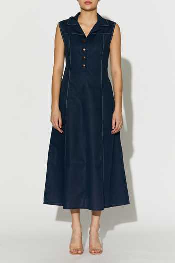 Shop_Koai_Blue Linen V-neck, Collared Midi Dress _Online_at_Aza_Fashions