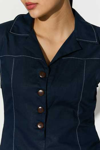 Koai_Blue Linen V-neck, Collared Midi Dress _at_Aza_Fashions