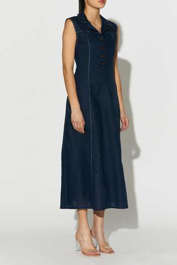 Buy_Koai_Blue Linen V-neck, Collared Midi Dress 