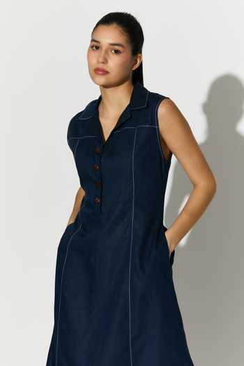 Shop_Koai_Blue Linen V-neck, Collared Midi Dress 