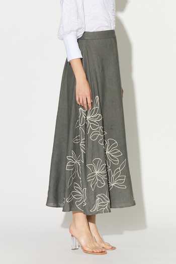 Koai_Grey Linen Embroidered Skirt _Online_at_Aza_Fashions