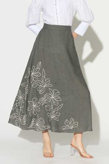 Buy_Koai_Grey Linen Embroidered Skirt _Online_at_Aza_Fashions