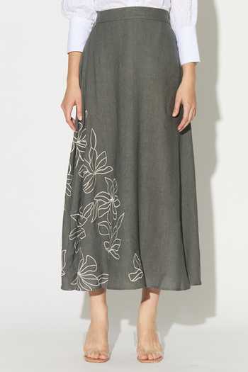 Koai_Grey Linen Embroidered Skirt _at_Aza_Fashions