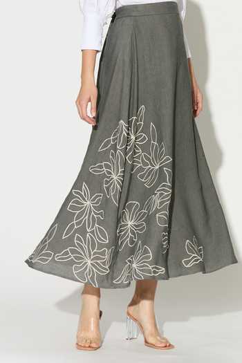 Buy_Koai_Grey Linen Embroidered Skirt 