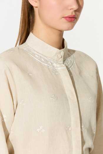 Koai_Cream Linen Mandarin Collar Embroidered Shirt _Online_at_Aza_Fashions