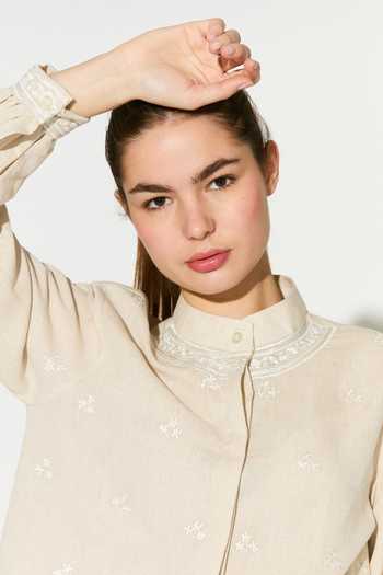 Koai_Cream Linen Mandarin Collar Embroidered Shirt _at_Aza_Fashions