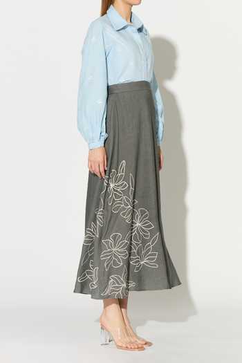 Koai_Blue Linen Collared Embroidered Shirt _Online_at_Aza_Fashions