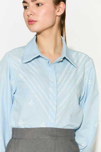 Shop_Koai_Blue Linen Collared Embroidered Shirt _Online_at_Aza_Fashions