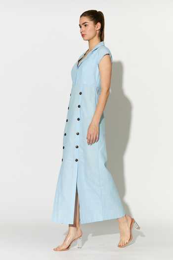 Shop_Koai_Blue Linen V-neck, Collared Maxi Dress _Online_at_Aza_Fashions