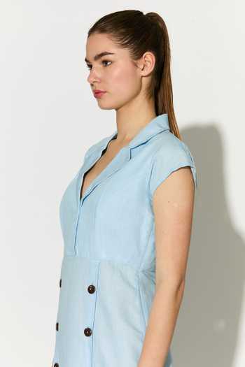Shop_Koai_Blue Linen V-neck, Collared Maxi Dress 