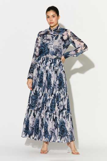 Koai_Blue Georgette Mandarin Collar Floral Pattern Shirt _Online_at_Aza_Fashions