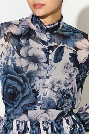 Buy_Koai_Blue Georgette Mandarin Collar Floral Pattern Shirt _Online_at_Aza_Fashions