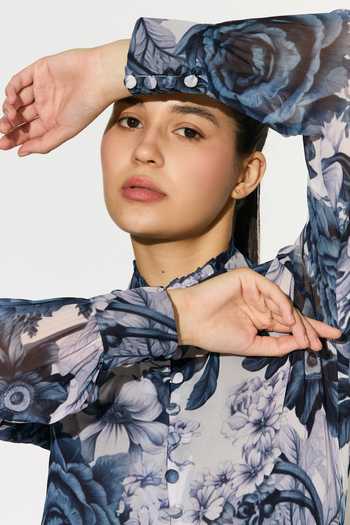 Shop_Koai_Blue Georgette Mandarin Collar Floral Pattern Shirt _Online_at_Aza_Fashions