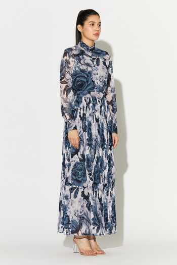 Koai_Blue Georgette Mandarin Collar Floral Pattern Shirt _at_Aza_Fashions