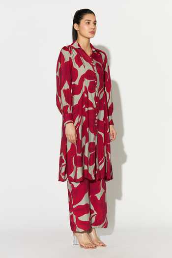 Koai_Pink Silk, Cotton, Muslin Collared Floral Print Kurta _Online_at_Aza_Fashions