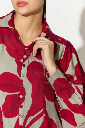 Shop_Koai_Pink Silk, Cotton, Muslin Collared Floral Print Kurta 