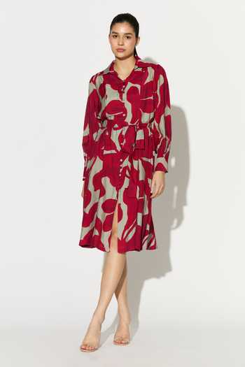 Koai_Pink Silk, Cotton, Muslin Collared Floral Print Dress _at_Aza_Fashions