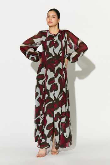 Koai_Beige Chiffon Round Neck Floral Print Maxi Dress _Online_at_Aza_Fashions