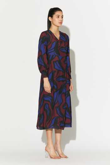 Koai_Blue Silk, Cotton, Muslin V-neck Abstract Print Dress _Online_at_Aza_Fashions