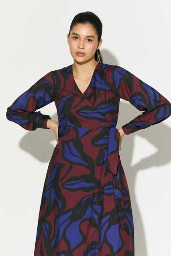 Koai_Blue Silk, Cotton, Muslin V-neck Abstract Print Dress _at_Aza_Fashions
