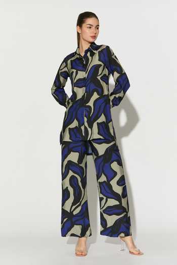 Koai_Blue Silk, Cotton, Muslin Collared Floral Print Shirt _Online_at_Aza_Fashions