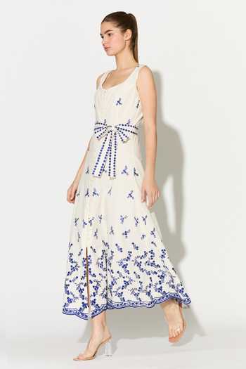 Shop_Koai_Blue Cotton, Poplin Scoop Neck Floral Embroidered Dress _Online_at_Aza_Fashions