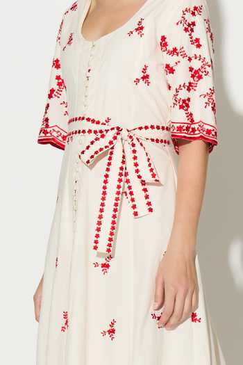 Shop_Koai_White Cotton, Poplin Scoop Neck Embroidered Shirt Maxi Dress  _Online_at_Aza_Fashions