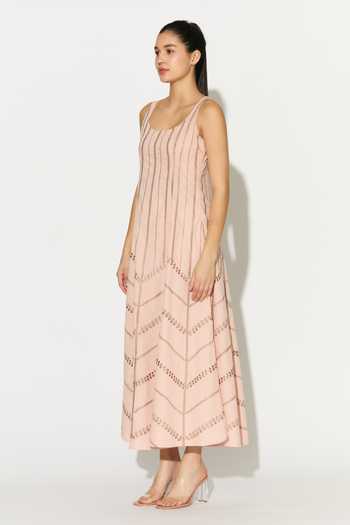 Koai_Peach Cotton, Poplin Scoop Neck Embroidered Dress _Online_at_Aza_Fashions