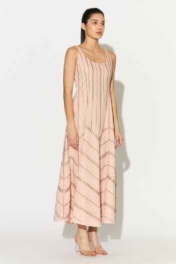 Buy_Koai_Peach Cotton, Poplin Scoop Neck Embroidered Dress _Online_at_Aza_Fashions