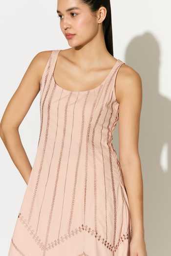 Buy_Koai_Peach Cotton, Poplin Scoop Neck Embroidered Dress 