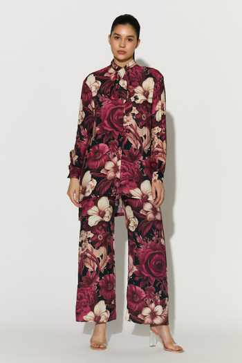 Koai_Pink Silk, Cotton, Muslin High Neck Floral Bow Tie Shirt _Online_at_Aza_Fashions