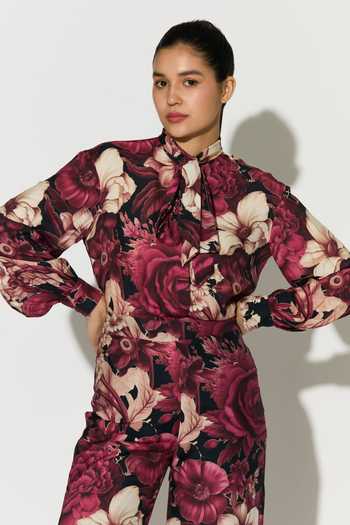Shop_Koai_Pink Silk, Cotton, Muslin High Neck Floral Bow Tie Shirt _Online_at_Aza_Fashions