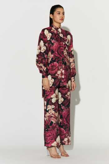 Koai_Pink Silk, Cotton, Muslin High Neck Floral Bow Tie Shirt _at_Aza_Fashions