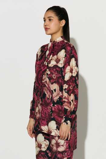 Buy_Koai_Pink Silk, Cotton, Muslin High Neck Floral Bow Tie Shirt 