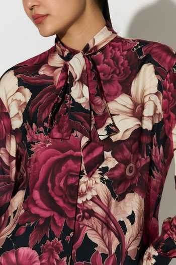 Shop_Koai_Pink Silk, Cotton, Muslin High Neck Floral Bow Tie Shirt 