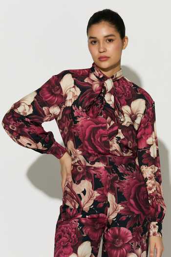 Koai Floral Bow Tie Muslin Cotton Silk Shirt 