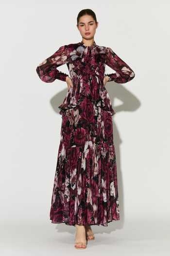 Koai_Pink Chiffon High Neck Floral Dress _at_Aza_Fashions