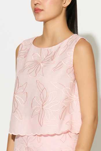 Koai_Pink Linen Round Neck Embroidered Floral Crop Top _at_Aza_Fashions