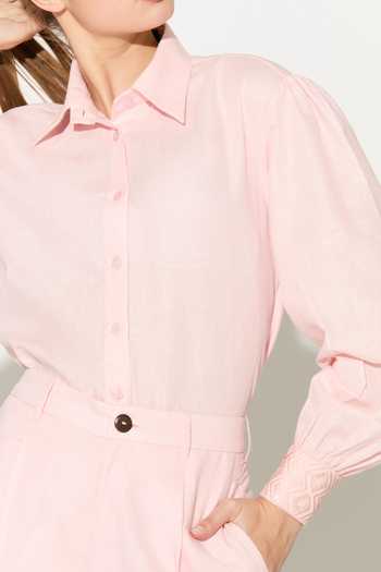 Koai_Pink Linen Collared Light Embroidered Shirt _at_Aza_Fashions