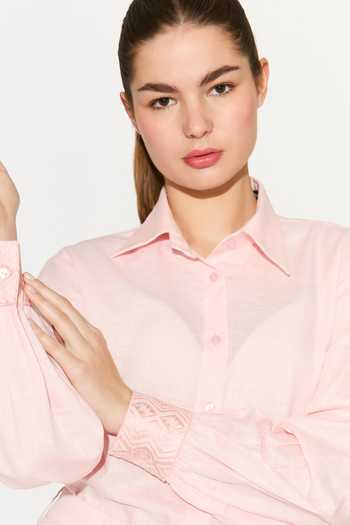 Buy_Koai_Pink Linen Collared Light Embroidered Shirt 