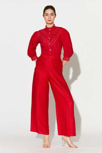 Koai_Red Linen Mandarin Collar Frill Shirt _Online_at_Aza_Fashions