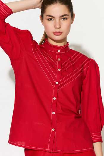 Buy_Koai_Red Linen Mandarin Collar Frill Shirt _Online_at_Aza_Fashions