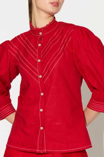 Shop_Koai_Red Linen Mandarin Collar Frill Shirt _Online_at_Aza_Fashions
